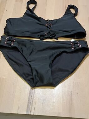 NWT Raisins Black Lace-Up Girls Two Piece Newport Swimsuit Size 16